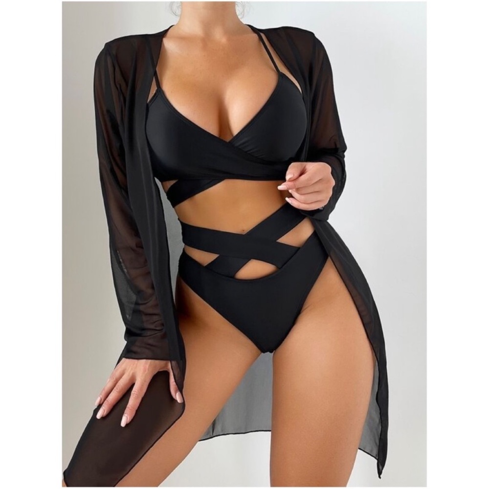 Black Wrap Cheeky Bottom Bikini Cover Up Set S M L XL